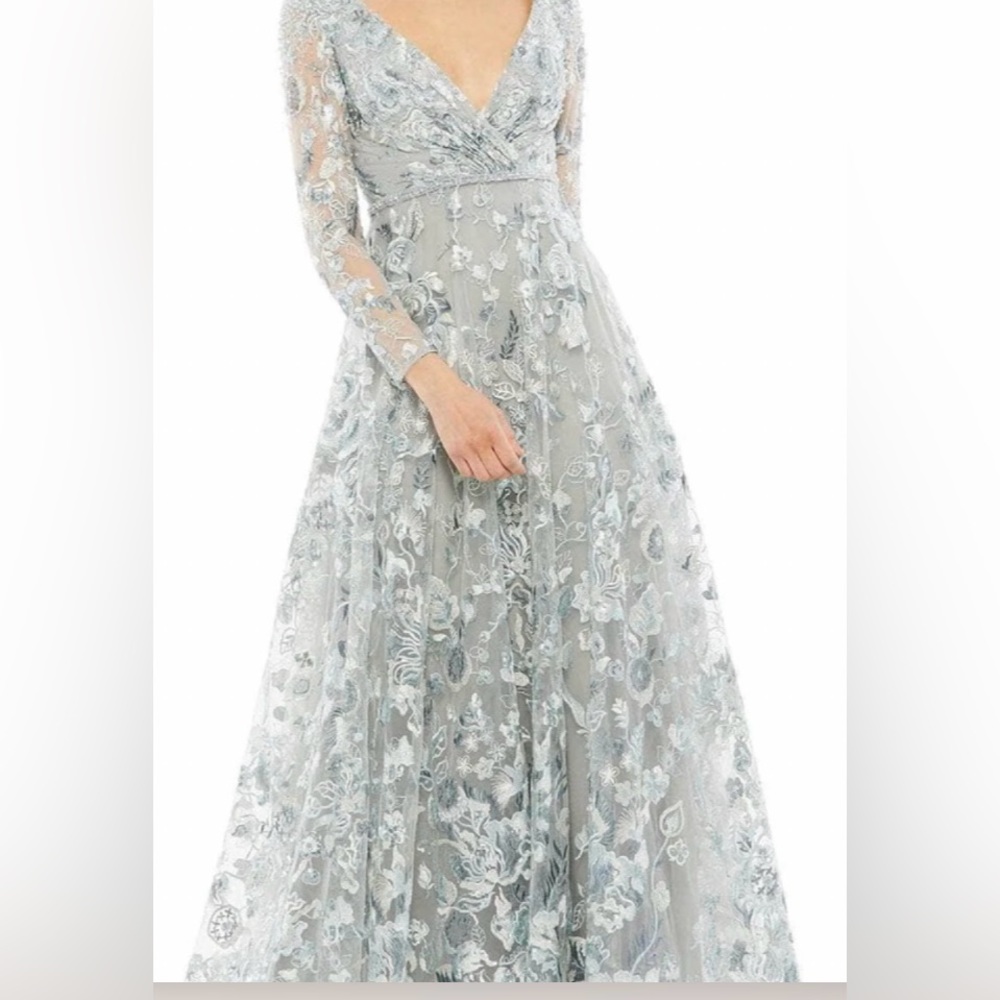 Mac Duggal Silver Floral Lace Wedding Dress